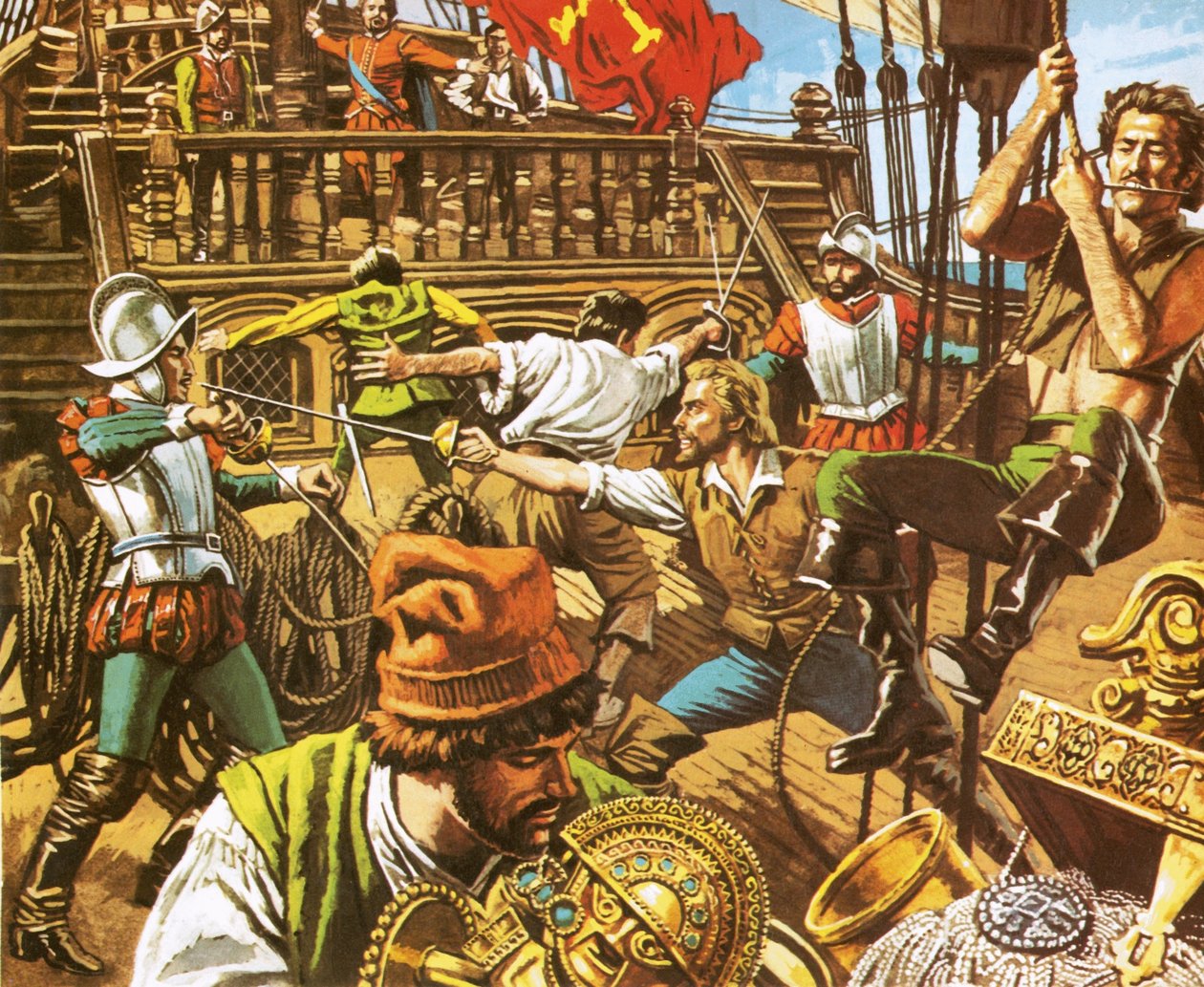 Sir Francis Drake greift die Spanier an von Roger Payne