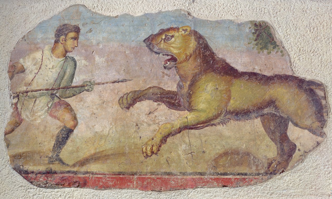 Ein Gladiator kämpft gegen einen Löwen, aus dem Amphitheater von Merida von Roman