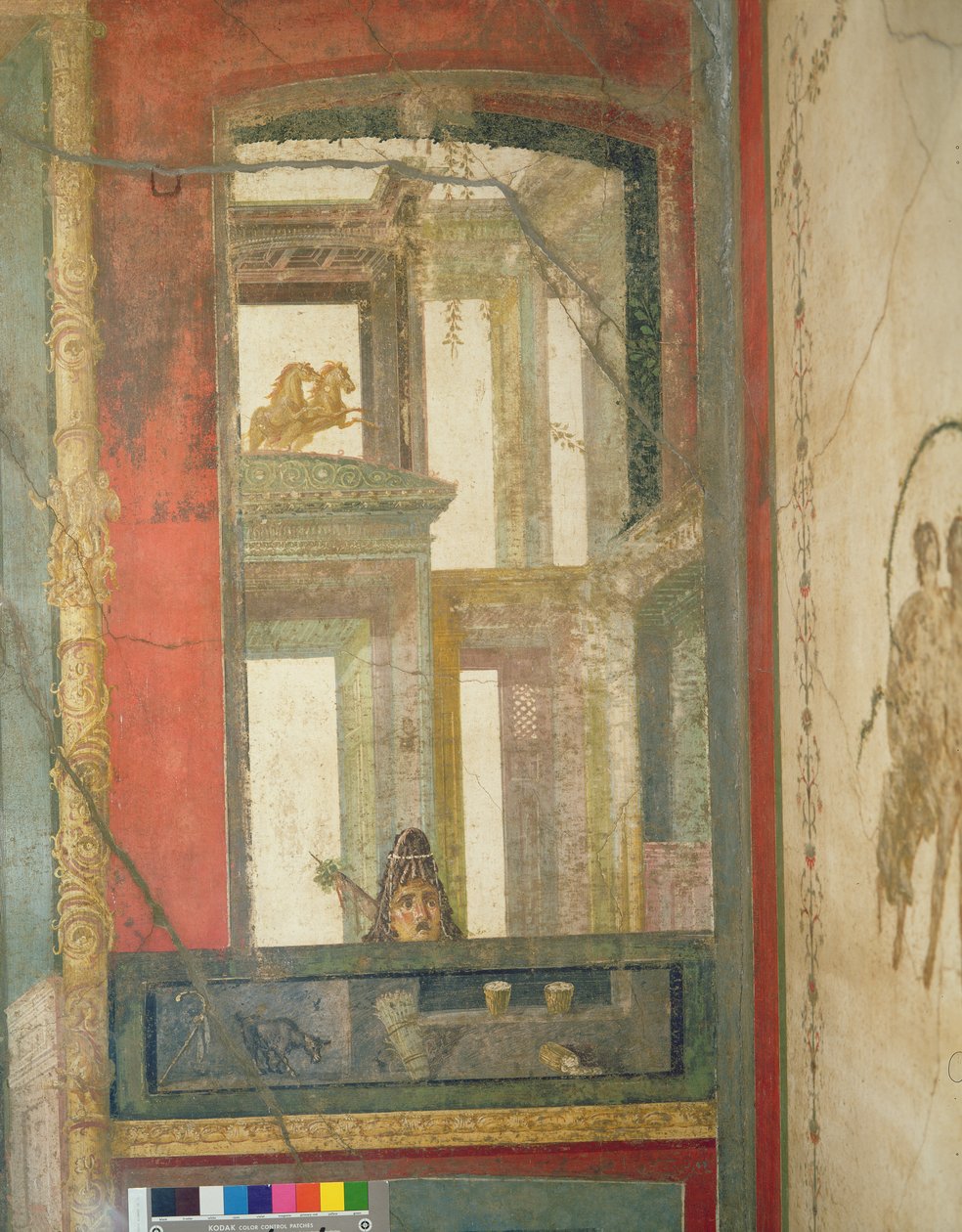Fantastische Architektur mit zwei Pferden und einer Theatermaske, aus dem Haus der Vettii, ca. 50-79 n. Chr. von Roman
