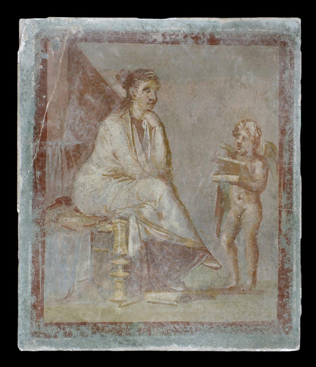 Gerahmte Vignette in Fresko auf einer grünen Wand: Amor enthüllt einer sitzenden Frau den Inhalt einer vergoldeten Schachtel, 65-75 n. Chr. von Roman
