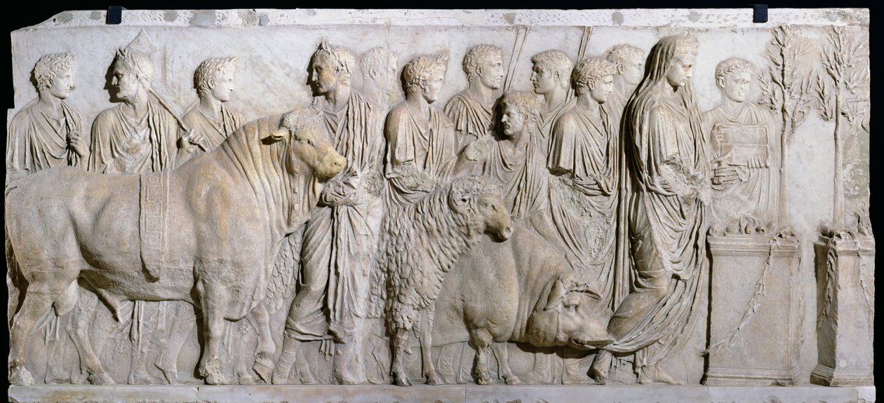 Opfer eines Stiers, eines Widders und eines Schweins zu Ehren des Gottes Mars, Fries vom Altar des Domitius Ahenobarbus, aus dem Neptuntempel, Rom (Detail) von Roman