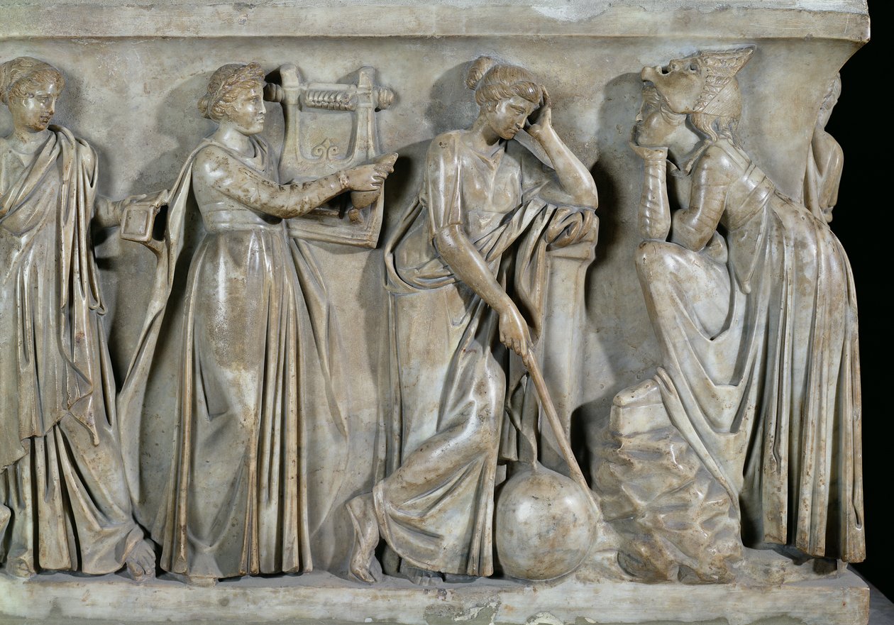 Sarkophag der Musen, Detail, das Terpsichore, Urania und Melpomene darstellt, ca. 160 n. Chr. von Roman