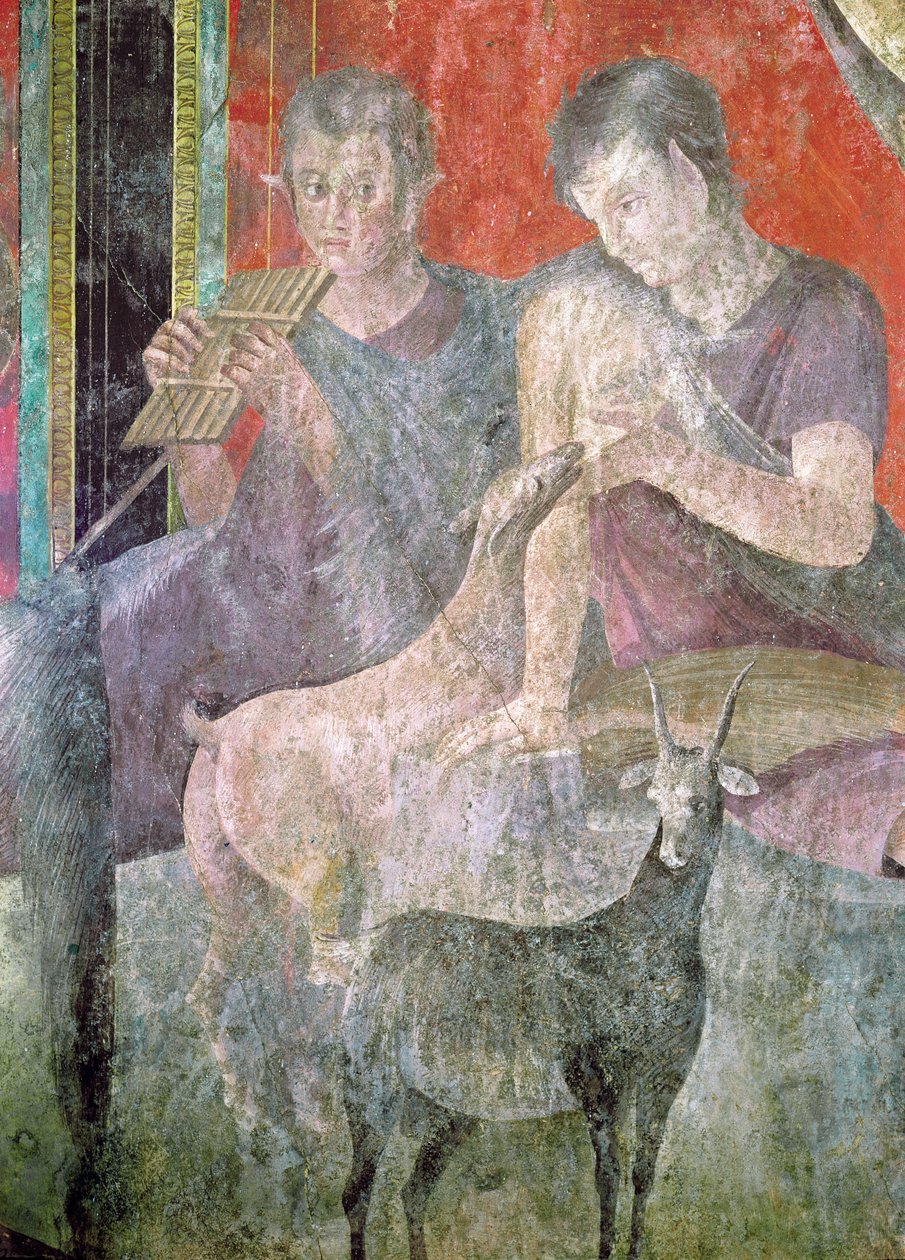 Satyr spielt die Panflöte und Nymphe stillt eine Ziege, 60-50 v. Chr. von Roman