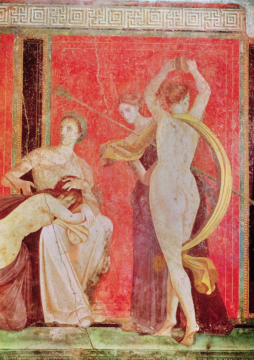 Gegeißelte Frau und Tänzerin mit Zimbeln, Südwand, Oecus 5, 60-50 v. Chr. von Roman