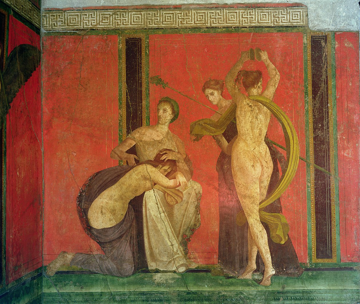 Gegeißelte Frau und Tänzerin mit Zimbeln, Südwand, Oecus 5, Zweiter Pompejanischer Stil von Roman