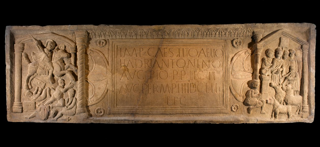 Die Bridgeness-Platte, Detail einer Sandstein-Distanzplatte, symbolisiert die römische Eroberung, aus Bridgeness, West Lothian, um 142 n. Chr. von Roman