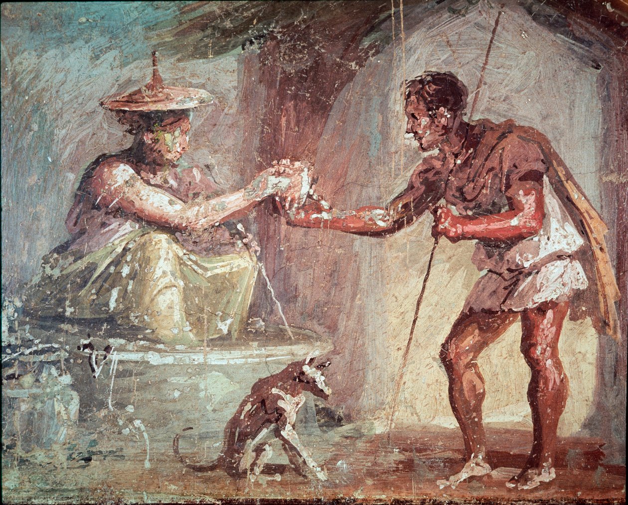 Frau bietet einem Wanderer etwas zu trinken an (Fresko) von Roman