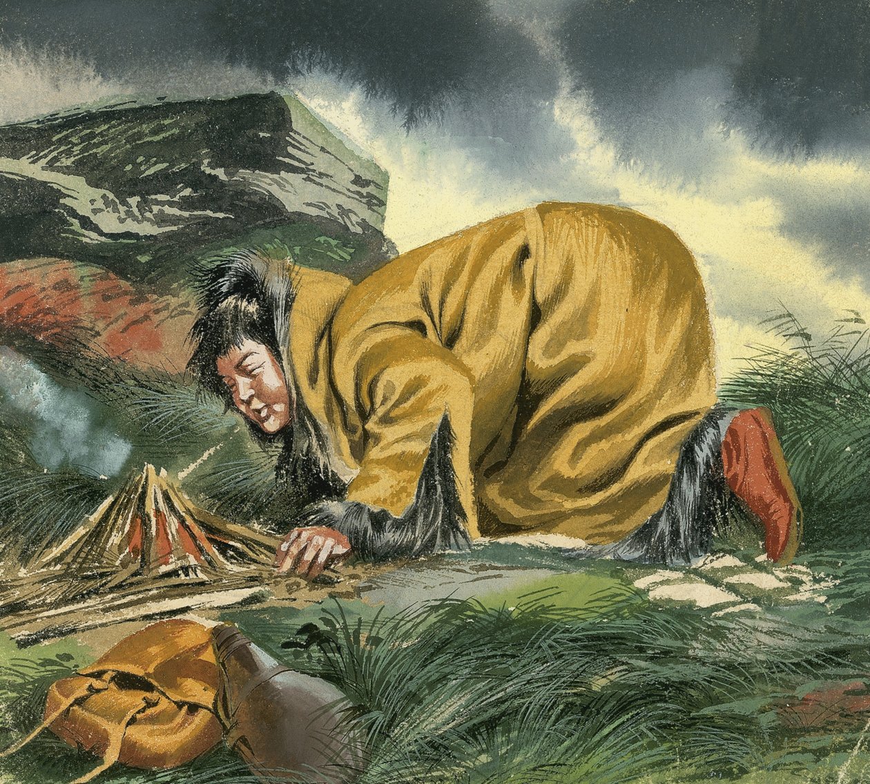 Marco Polo, zusammengerollt über einem Feuer von Ron Embleton