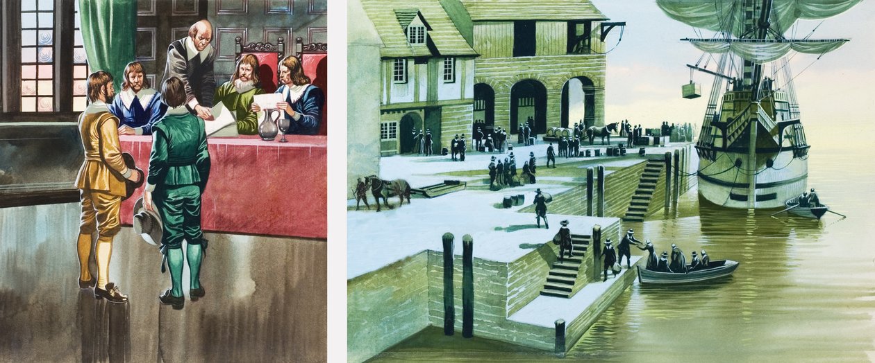 Die Pilgerväter an den Docks von Southampton von Ron Embleton