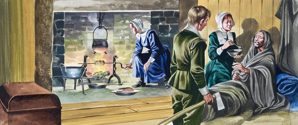 Die Pilgerväter in halbfertigen Häusern von Ron Embleton