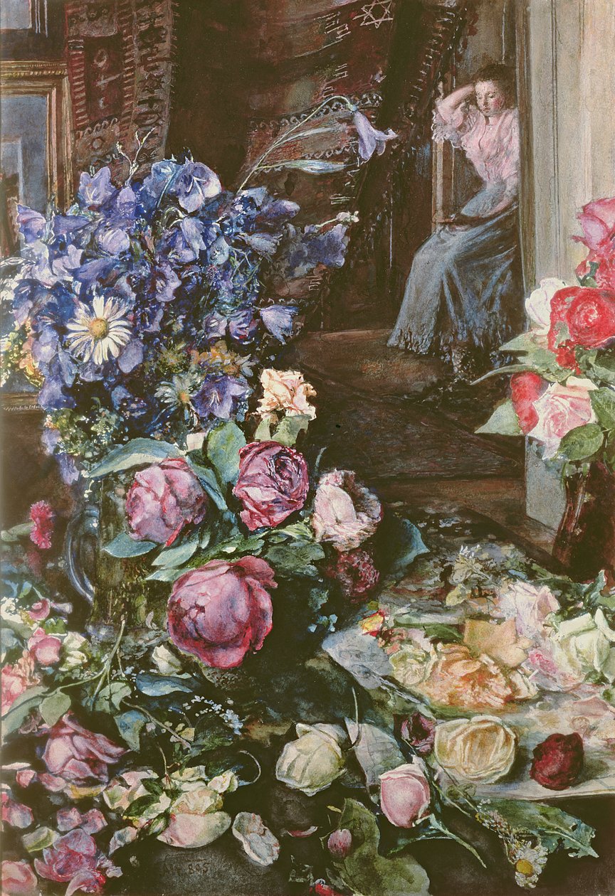 Stillleben mit Louise Alt im Hintergrund von Rudolf von Alt