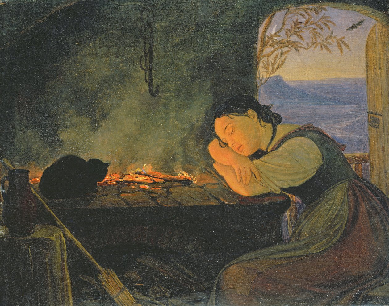 Mädchen schläft am Feuer, 1843 von Rudolph Friedrich Wasmann
