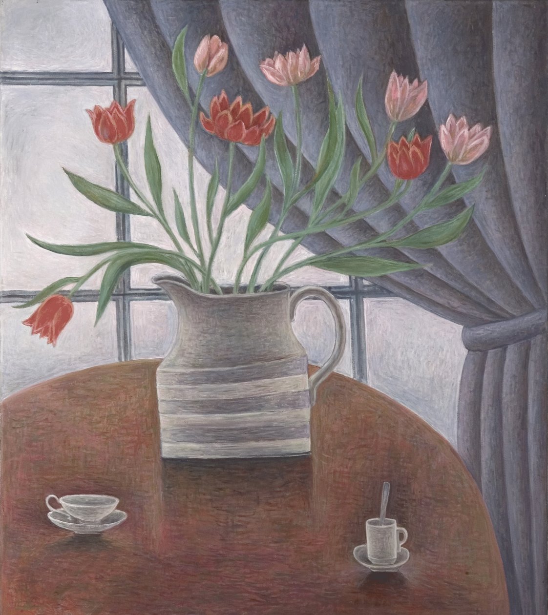 Tulpen, Vorhang, Tassen, 2002 von Ruth Addinall
