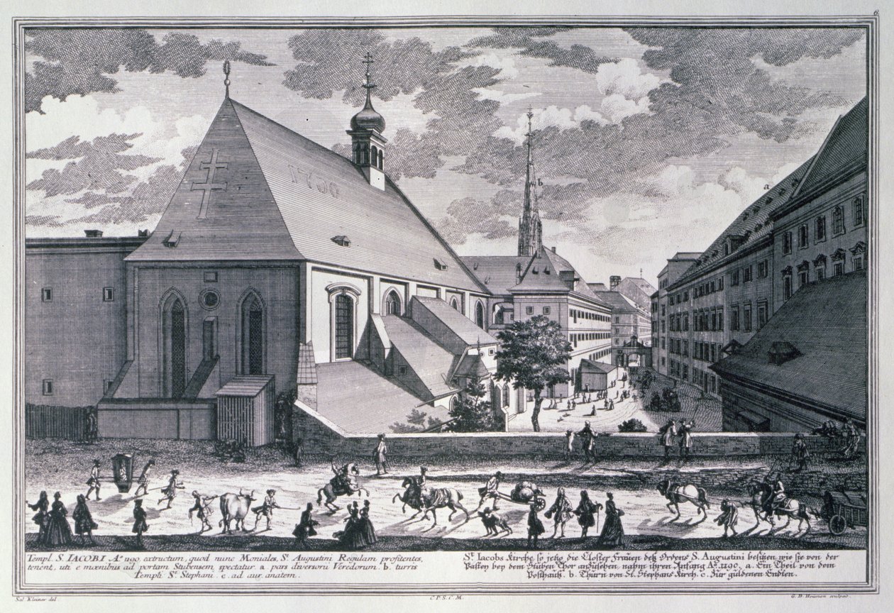 Ansicht der St. Jakob Kirche, Wien, graviert von Georg-Daniel Heumann (1691-1759) von Salomon after Kleiner