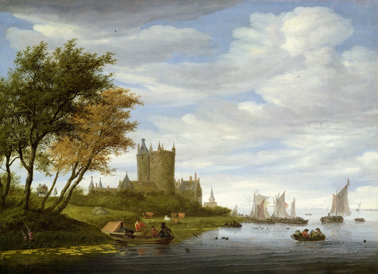 Flussmündung mit einer Burg von Salomon van Ruisdael or Ruysdael