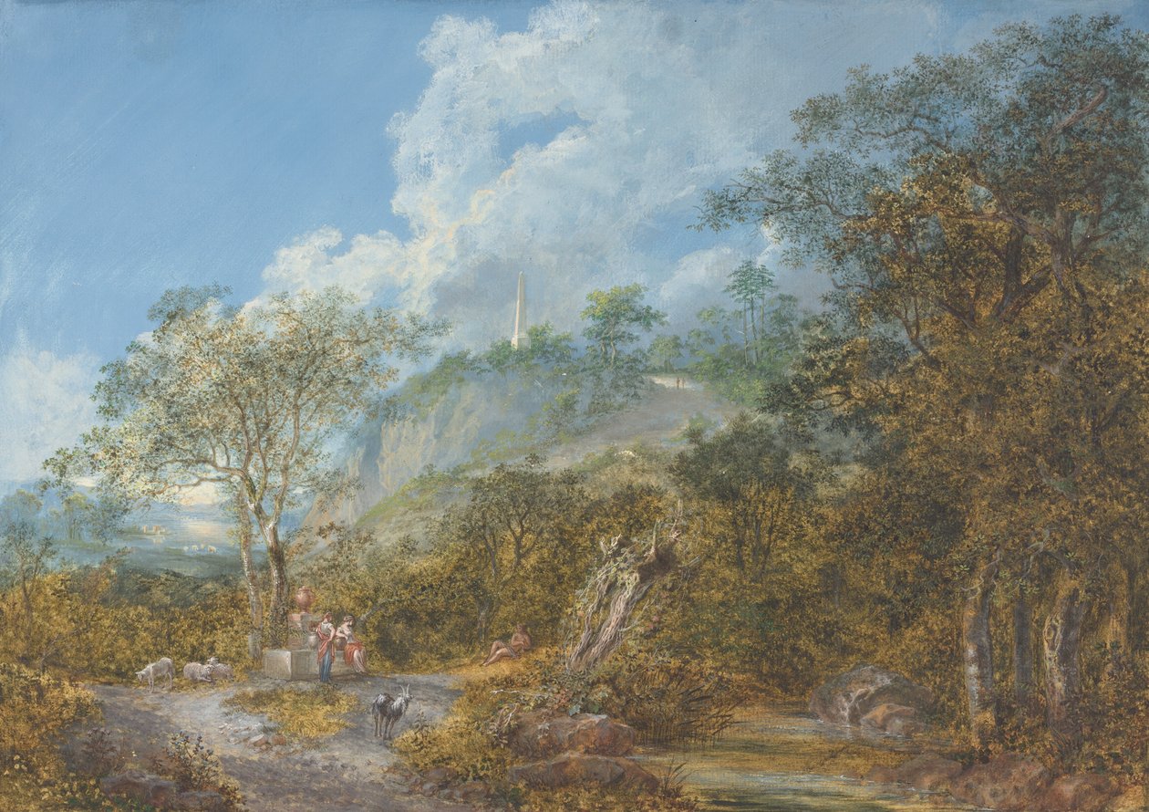 Arkadische Landschaft mit einem Obelisken von Salomon Gessner