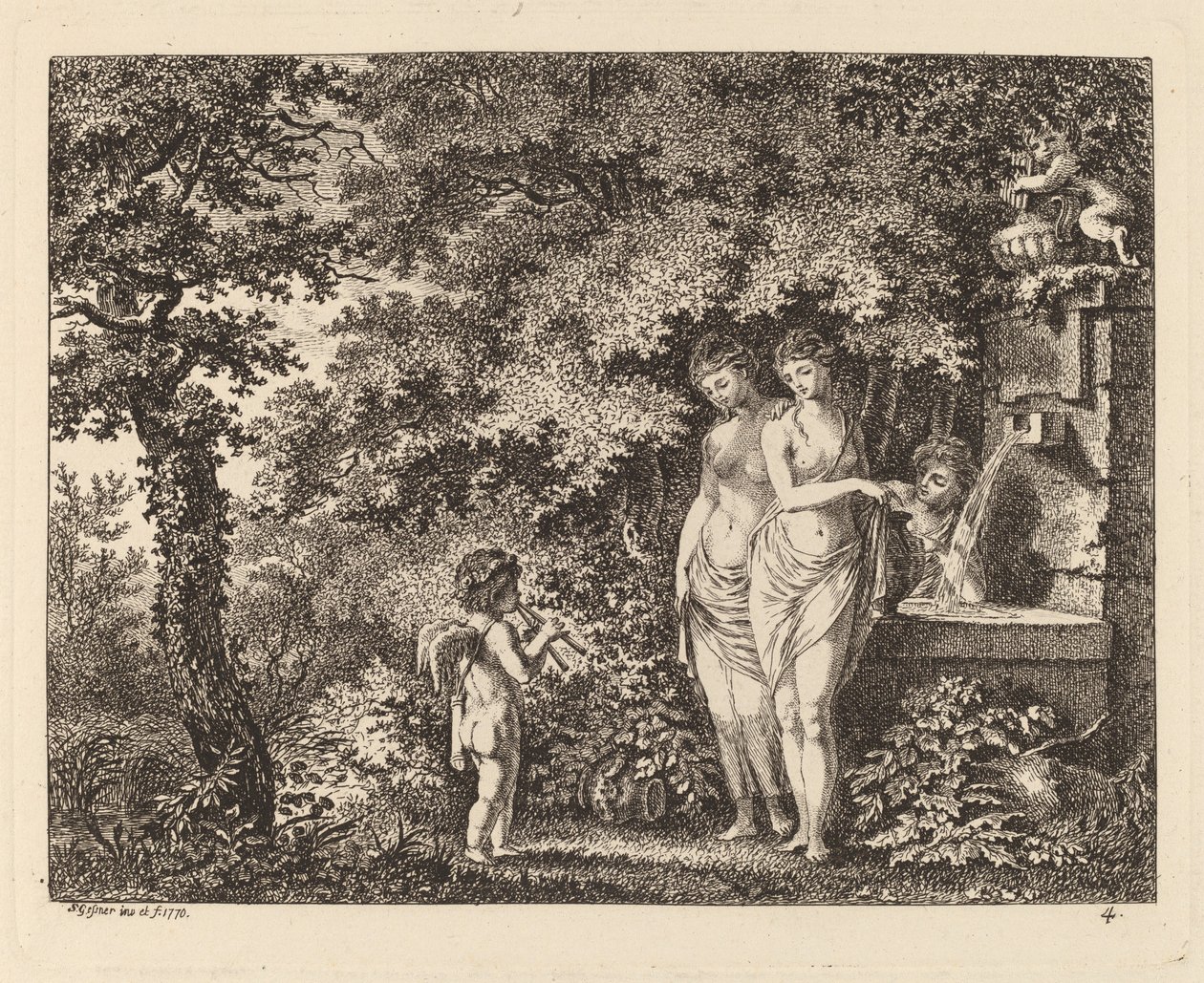 Eros mit drei Mädchen an einem Brunnen von Salomon Gessner