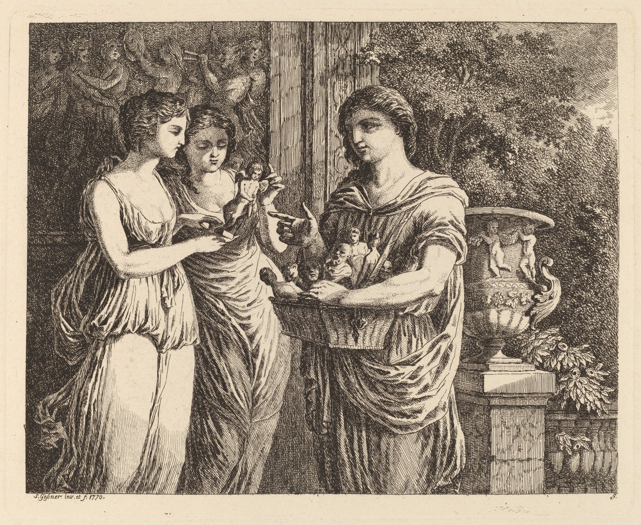 Figurenverkäufer mit zwei Mädchen von Salomon Gessner