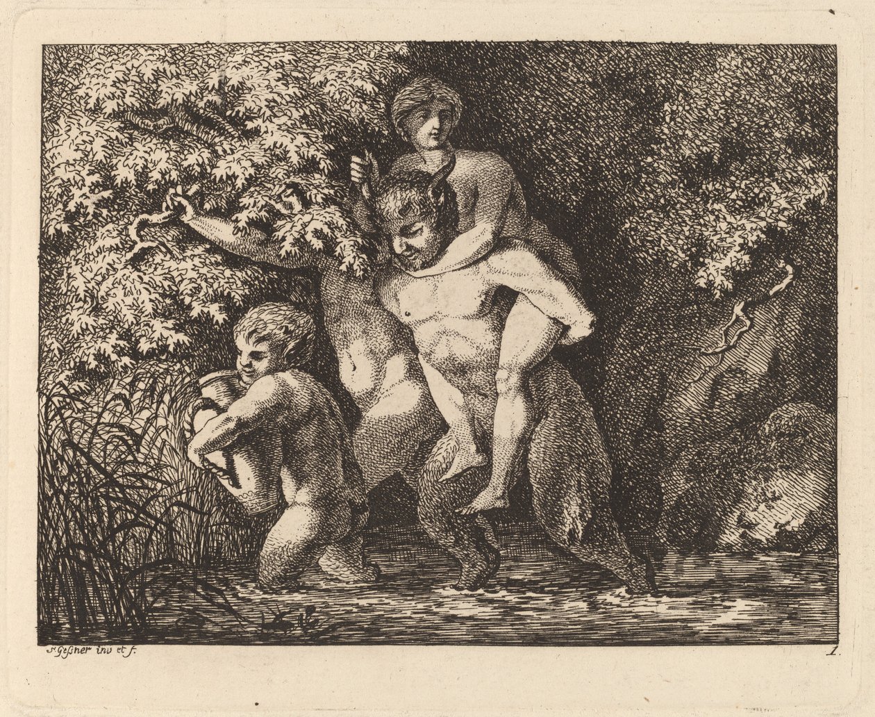 Satyr trägt eine Nymphe auf dem Rücken von Salomon Gessner
