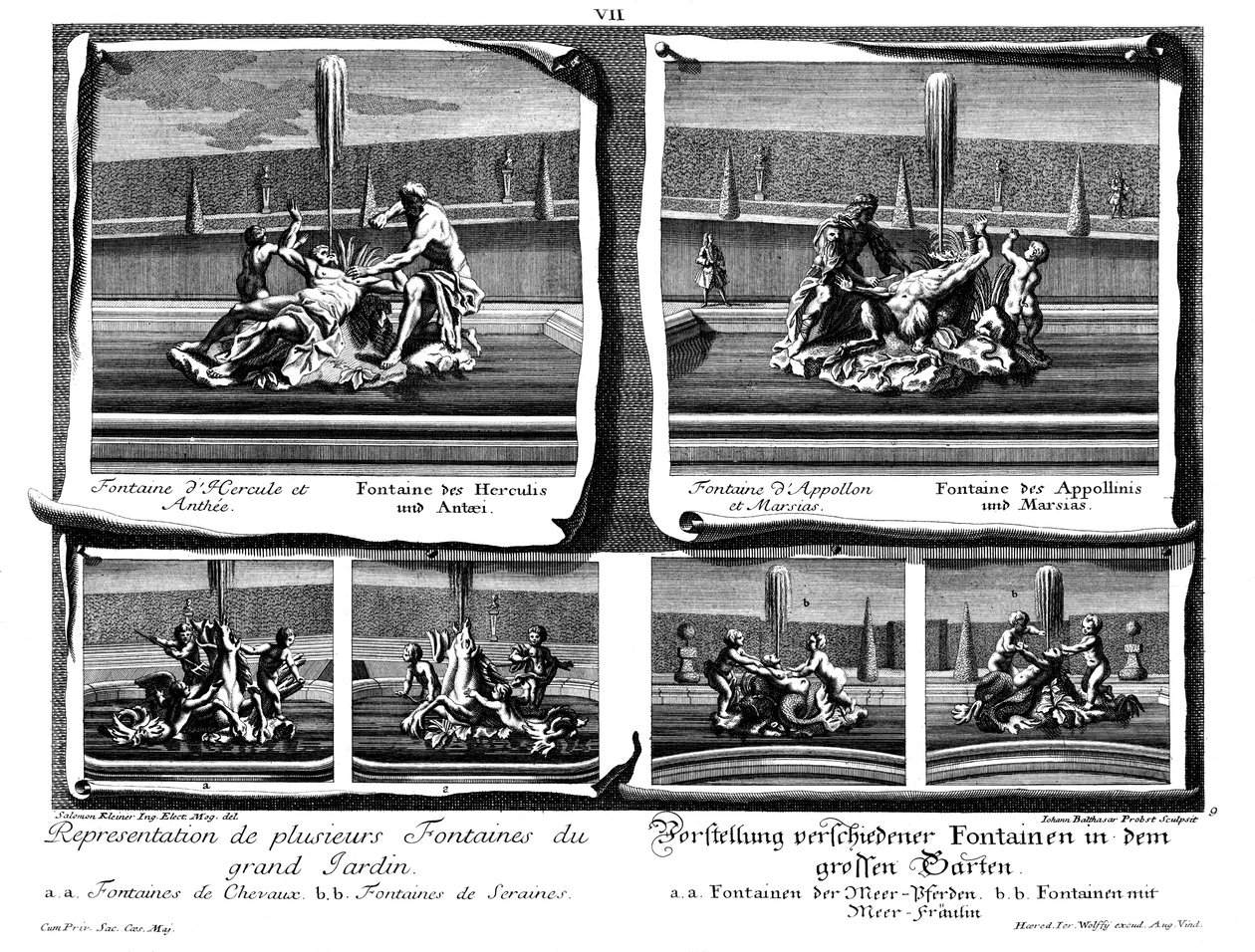 Sechs verschiedene Fontänen des großen Gartens von Salomon Kleiner