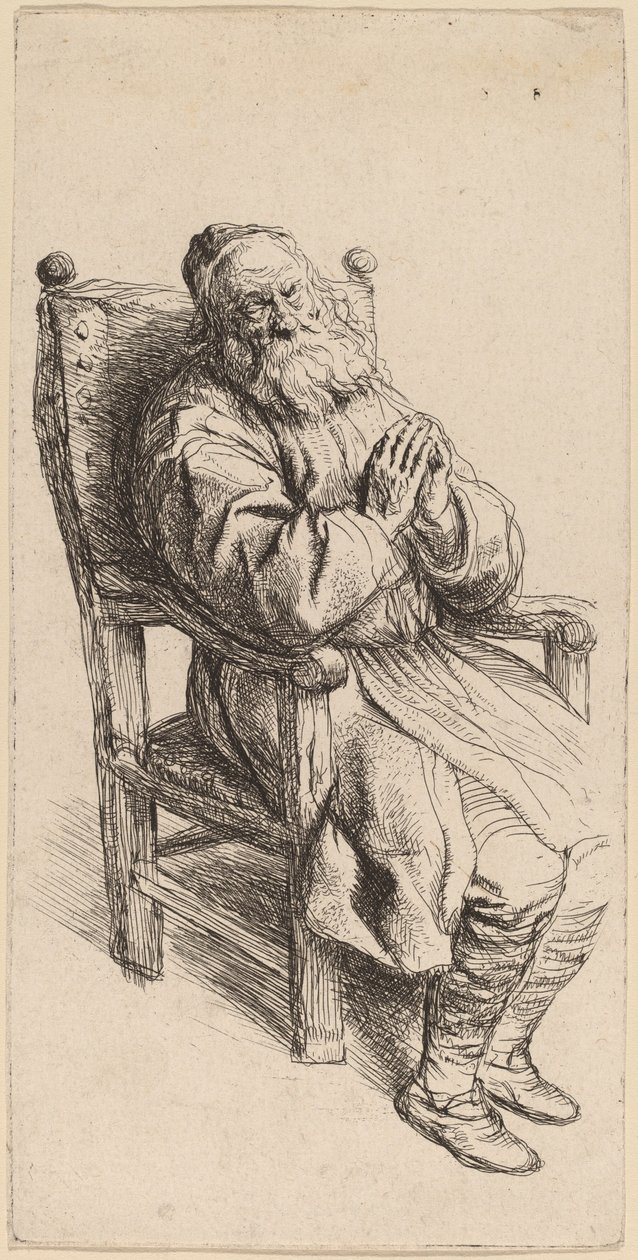 Alter Mann, der in einem Sessel schläft von Salomon Koninck