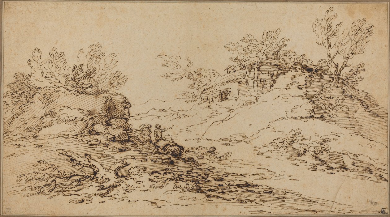 Felsige Landschaft mit einem rustikalen Haus von Salvator Rosa