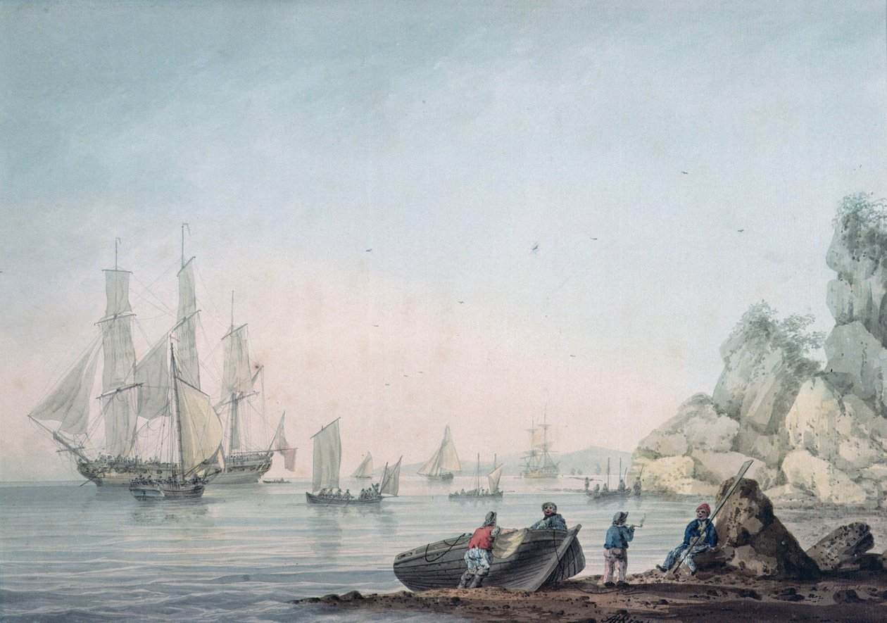 Meeresansicht mit Boot und Figuren am Ufer von Samuel Atkins