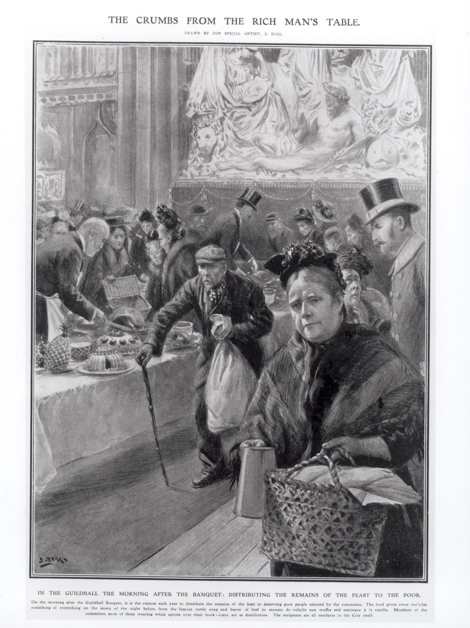 Die Krümel vom Tisch des Reichen: Verteilung der Reste des Festes an die Armen in der Guildhall am Morgen nach dem Bankett, 1908 von Samuel Begg