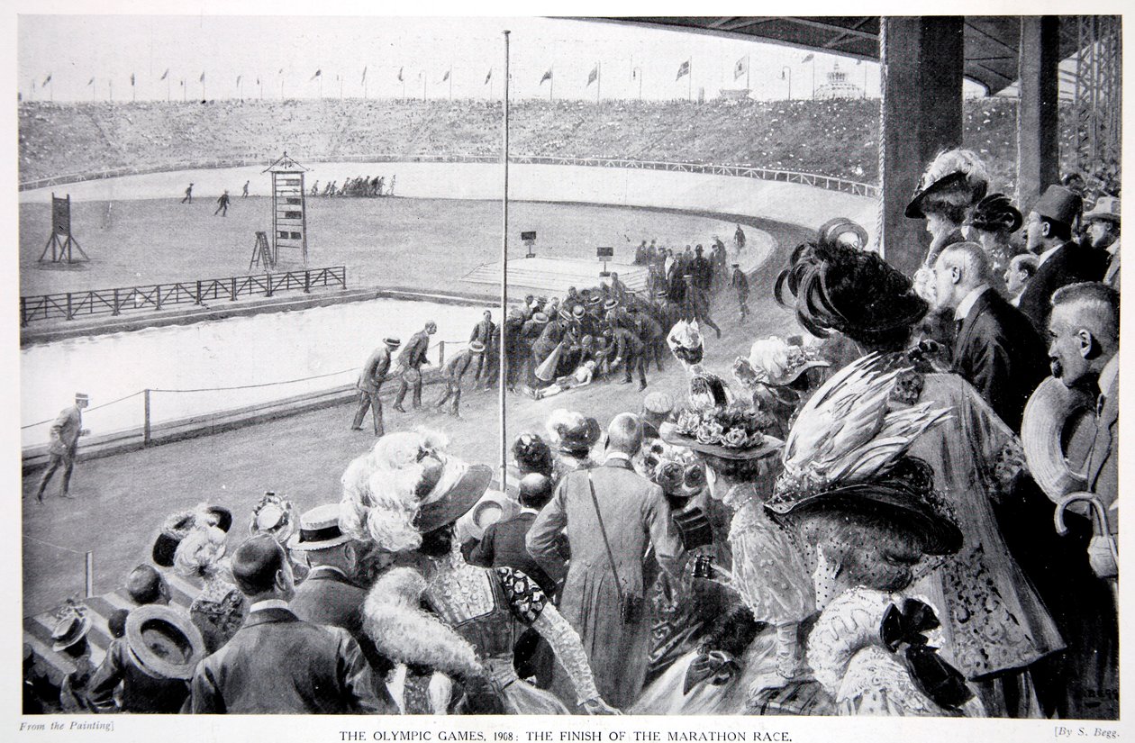 Das Ziel des Marathonlaufs, die Olympischen Spiele, 1908 von Samuel Begg