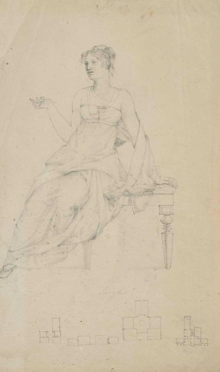 Frau auf einer Bank sitzend und vier Grundrisse von Samuel Finley Breese Morse