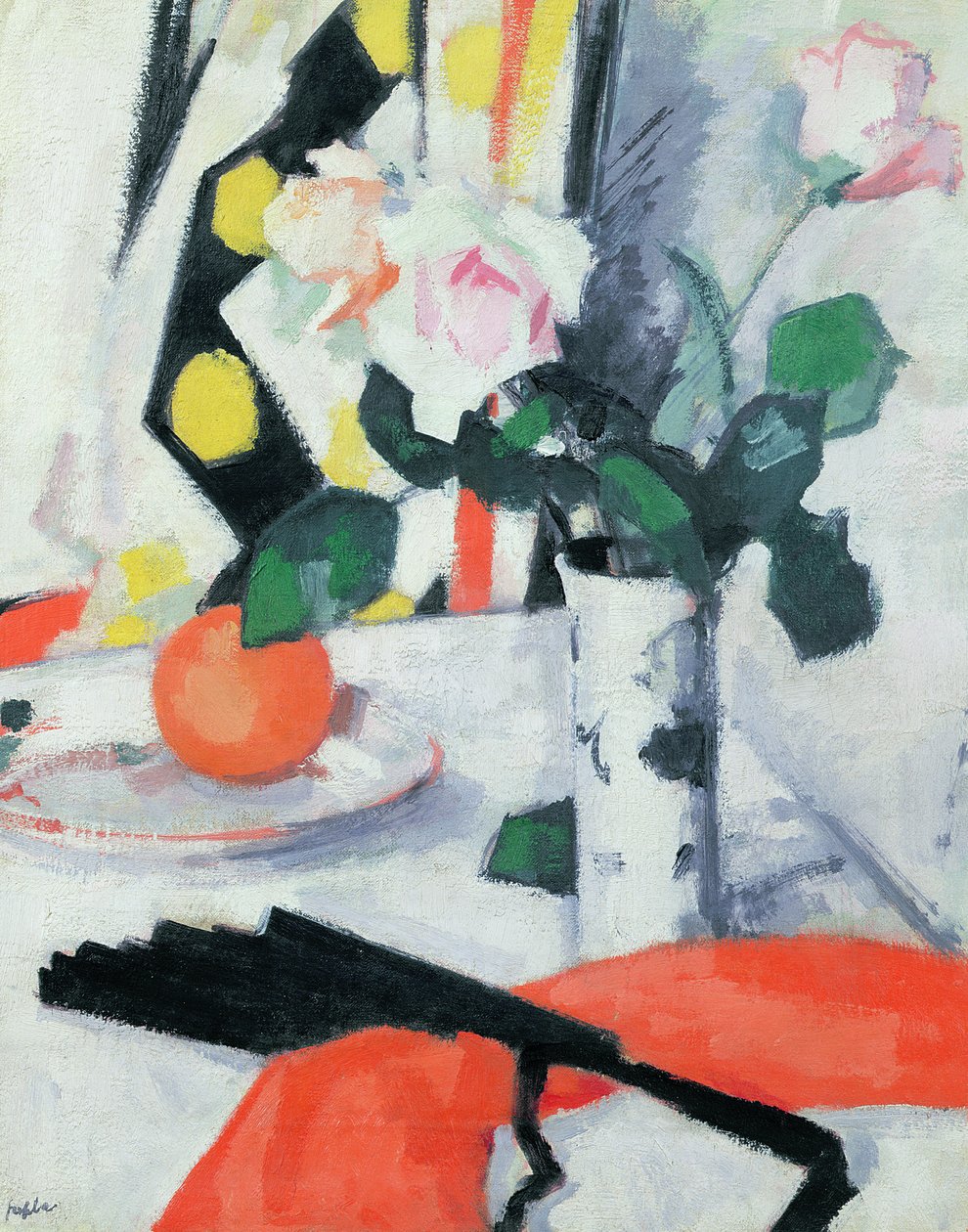 Stillleben: Rosen in einer chinesischen Vase mit schwarzem Fächer, 1924 von Samuel John Peploe