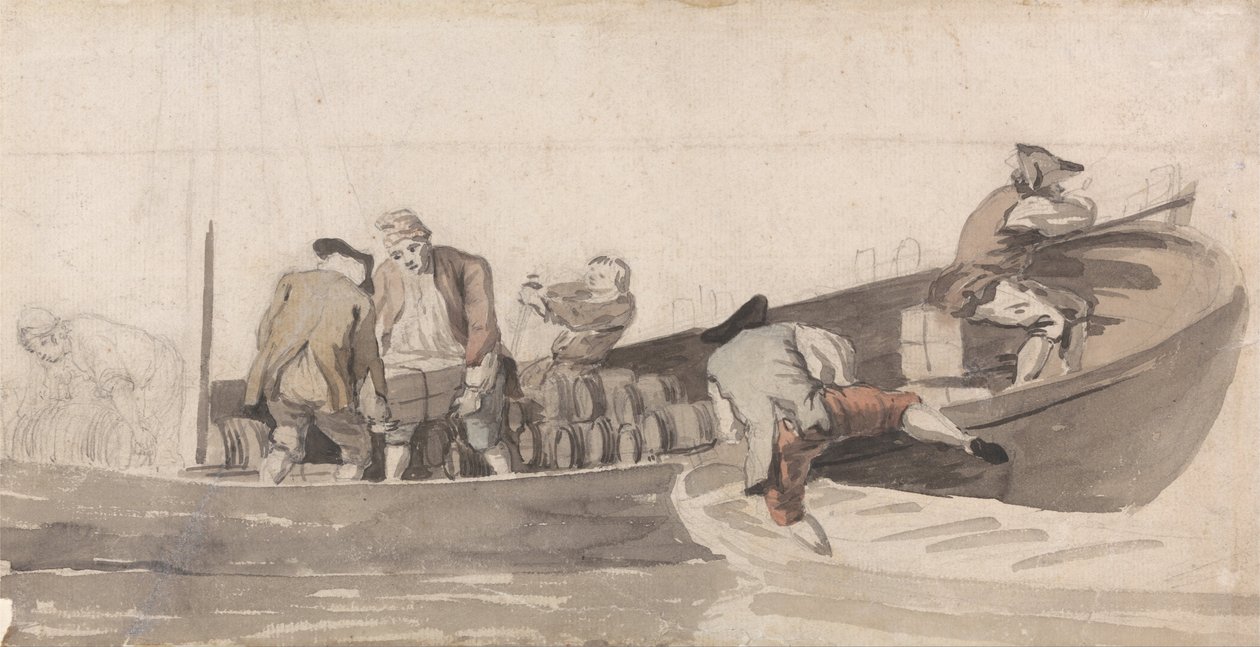 Männer beladen ein Boot mit Fässern von Samuel Scott
