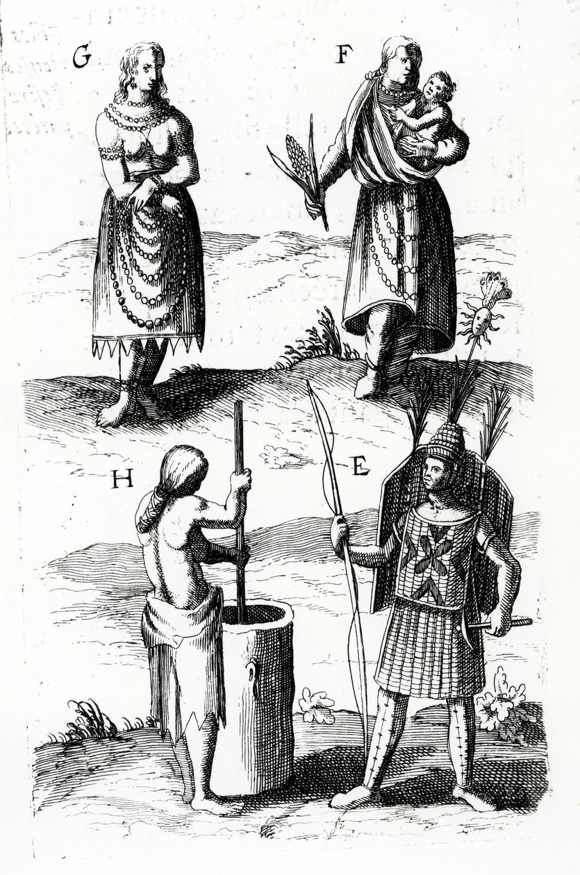 Illustrationen der Algonquin-Kleidung, Gravur aus den Reisen von Sieur de Champlain von Samuel de Champlain (ca. 1574-1635), 17. Jahrhundert von Samuel de Champlain