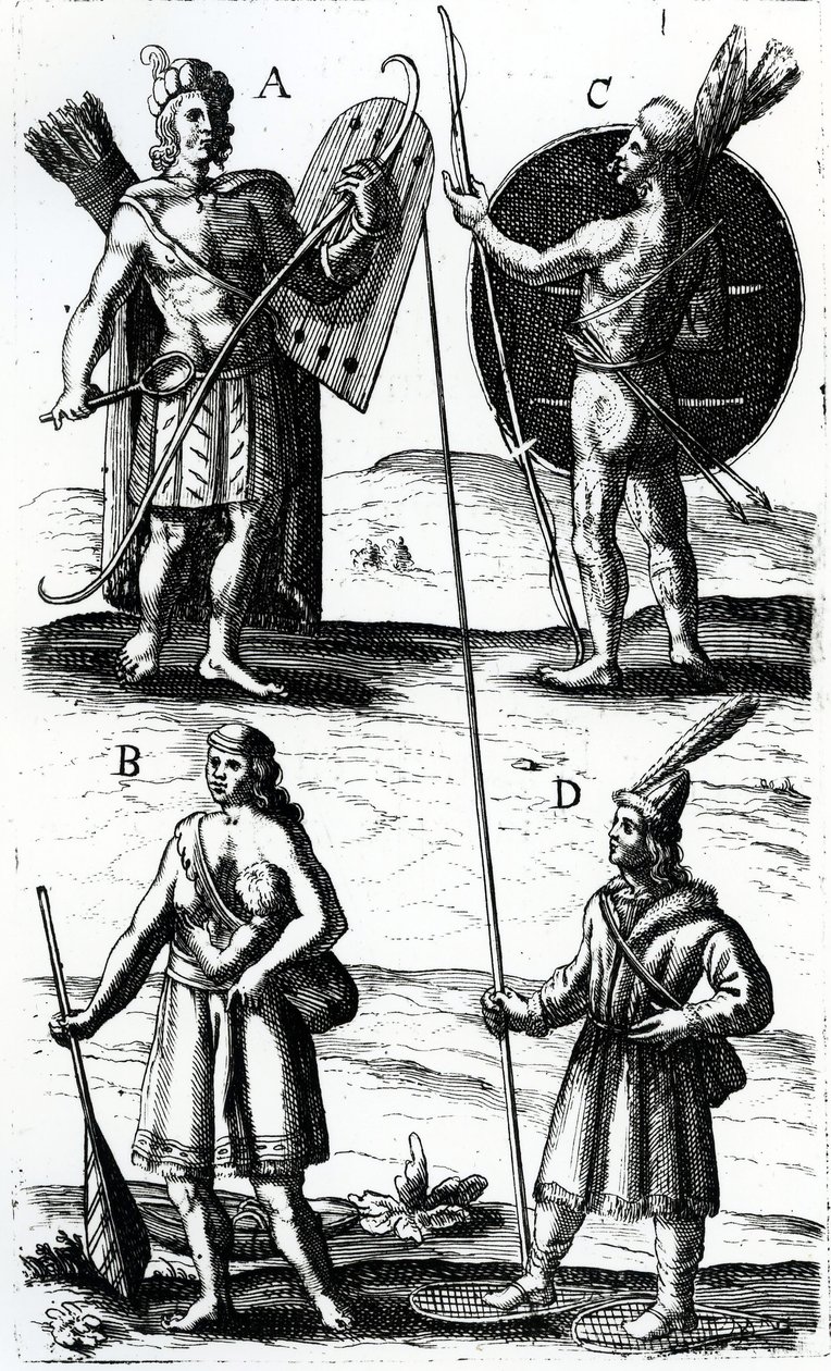 Illustrationen der Algonquin-Kleidung, Gravur aus den Reisen von Sieur de Champlain von Samuel de Champlain (ca. 1574-1635), 17. Jahrhundert von Samuel de Champlain