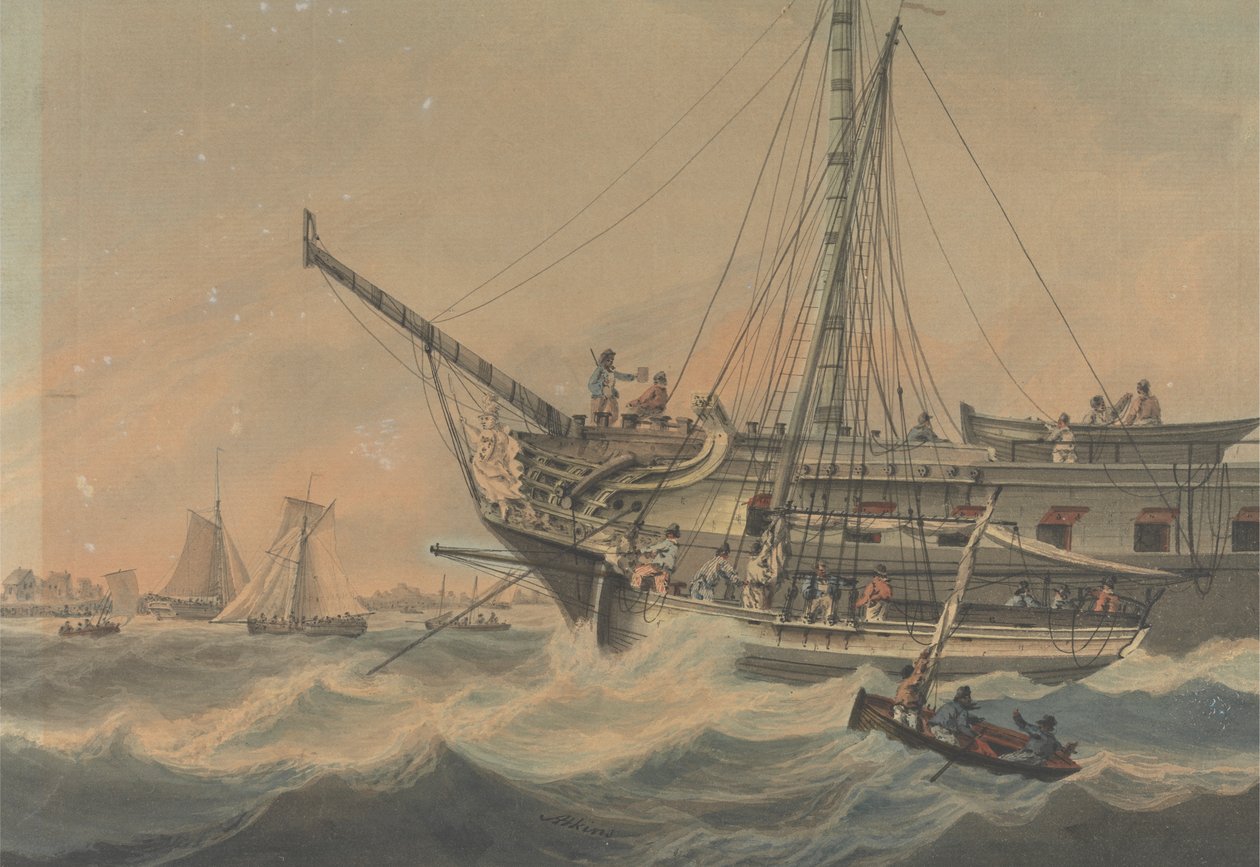 Kriegsschiff und Schiffe vor der Küste von Samuel Atkins