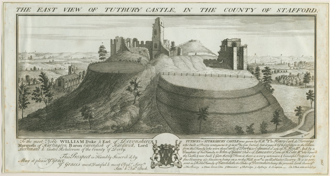 Tutbury Castle - Ostansicht (Stich) von Samuel Buck