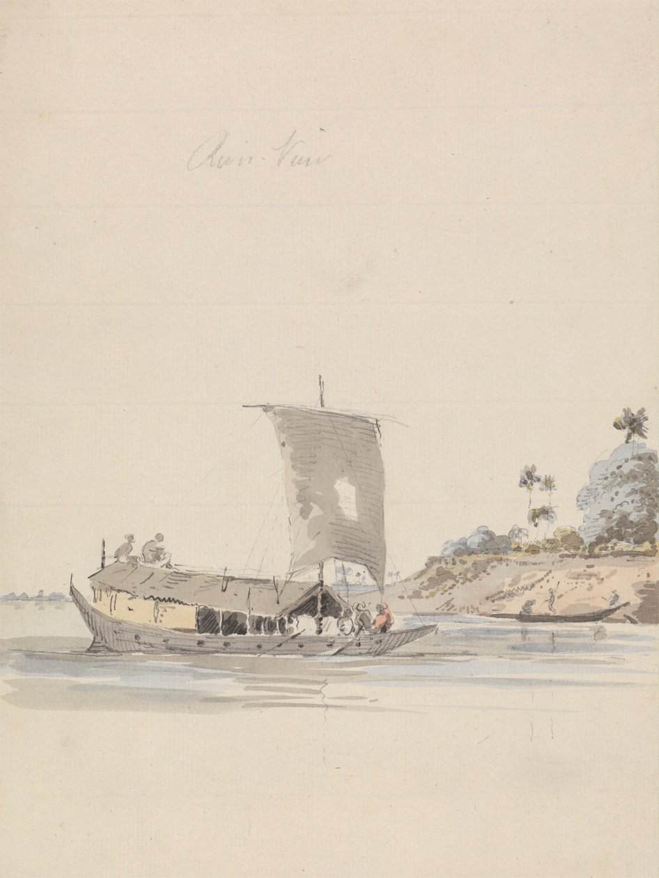 Flussansicht mit einer Dschunke (in der Nähe von Rajmahal?) von Samuel Davis