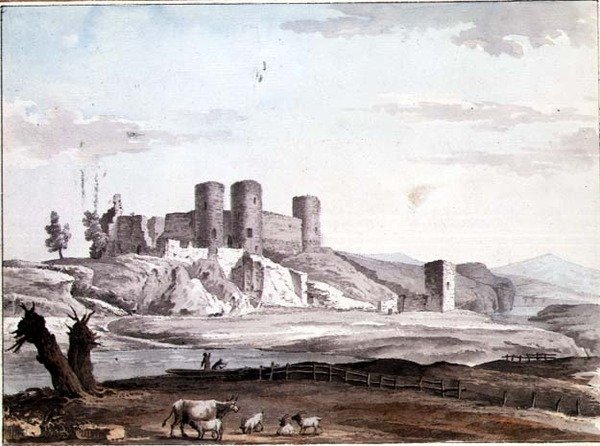 Burg Rhuddlan von der Brücke aus von Samuel Hieronymous Grimm