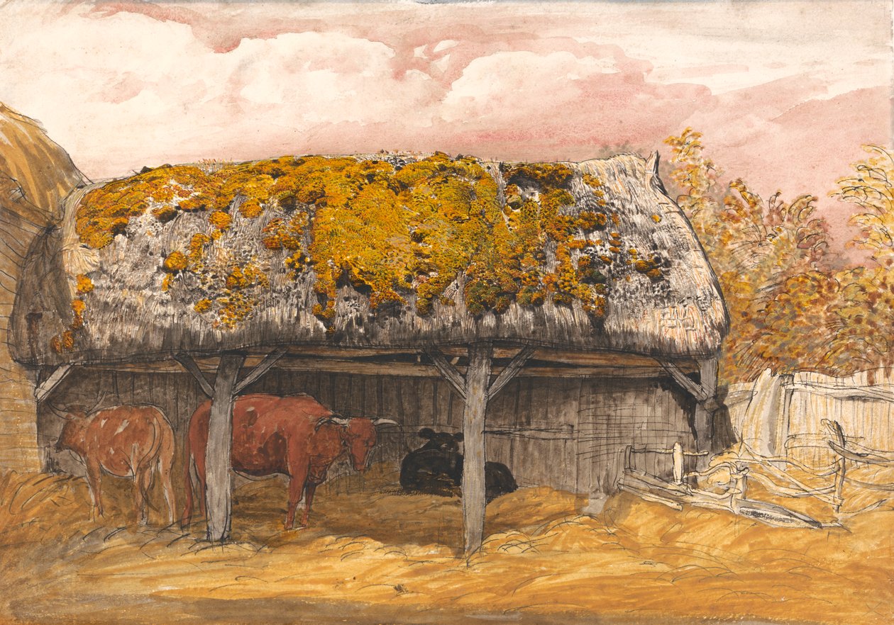 Ein Kuhstall mit moosigem Dach von Samuel Palmer