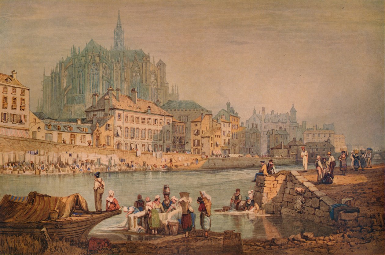 Kathedralenstadt an einem Fluss, um 1825 von Samuel Prout
