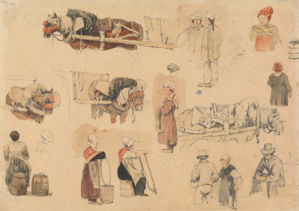 Skizzen von Bauern und Arbeitspferden von Samuel Prout