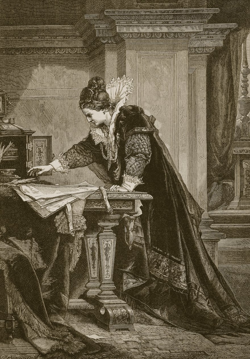 Königin Elisabeth unterzeichnet den Todesbefehl von Maria Stuart, graviert von C. Butterworth von Sandor Liezen Meyer