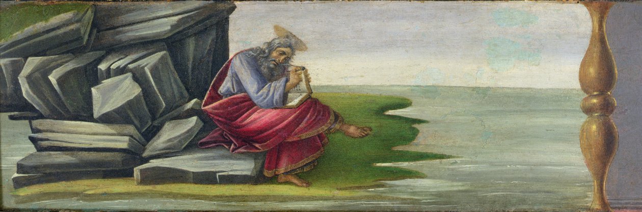 Johannes der Evangelist auf Patmos, schreibt das Buch der Offenbarungen, Predella-Panel vom Altarbild des Heiligen Markus, ca. 1488-90 (Tempera auf Holz) von Sandro Botticelli