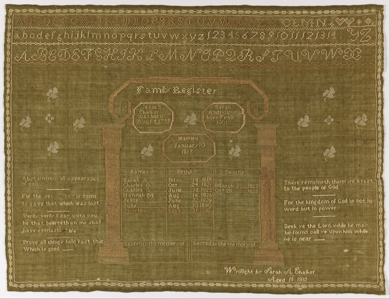 Familienstammbuch-Stickerei von Sarah A. Chalker
