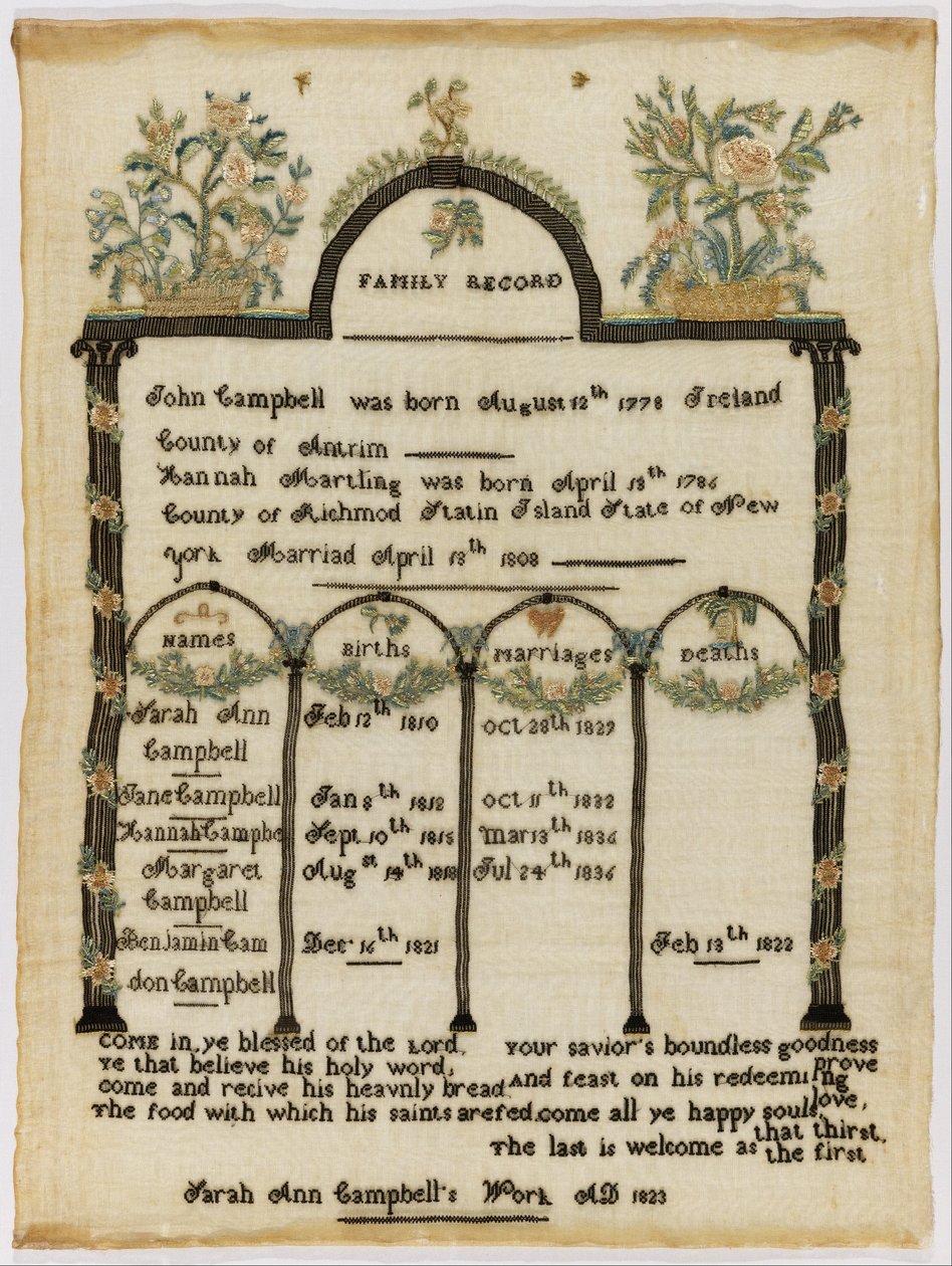Familienregister Muster von Sarah Ann Campbell