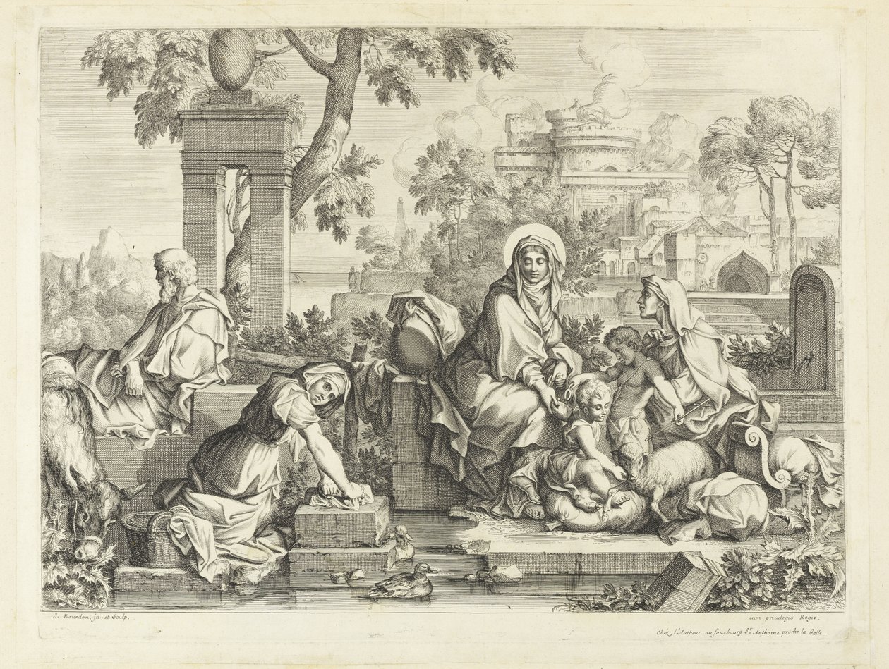 Die Heilige Familie am Waschplatz von Sébastien Bourdon