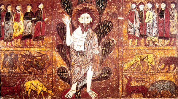 Johannes der Täufer predigt in der Wüste und ist von wilden Tieren umgeben, vom Altarfrontal von Gesera, 13. Jahrhundert von School of Aragon