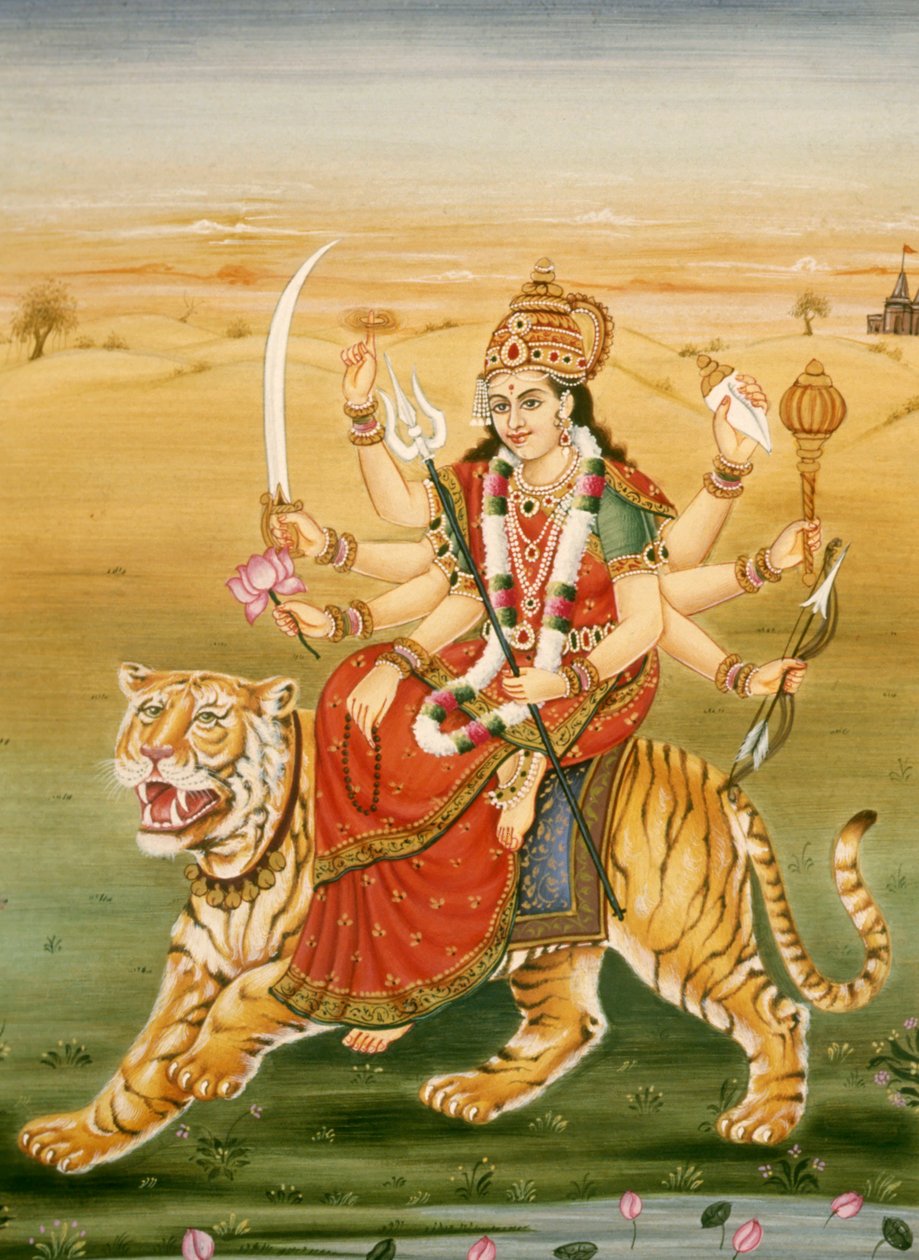 Göttin Durga Miniaturmalerei auf Papier von School Indian