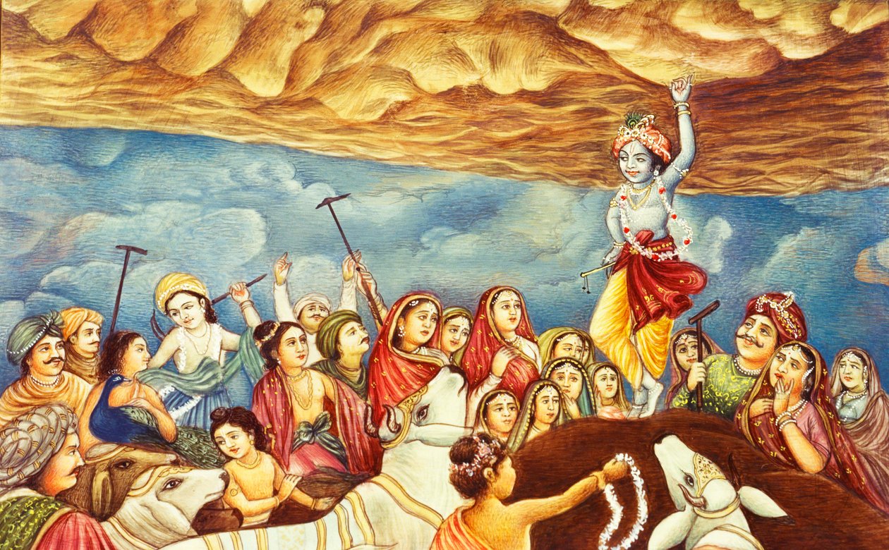 Lord Krishna hebt den Berg Miniaturmalerei von School Indian