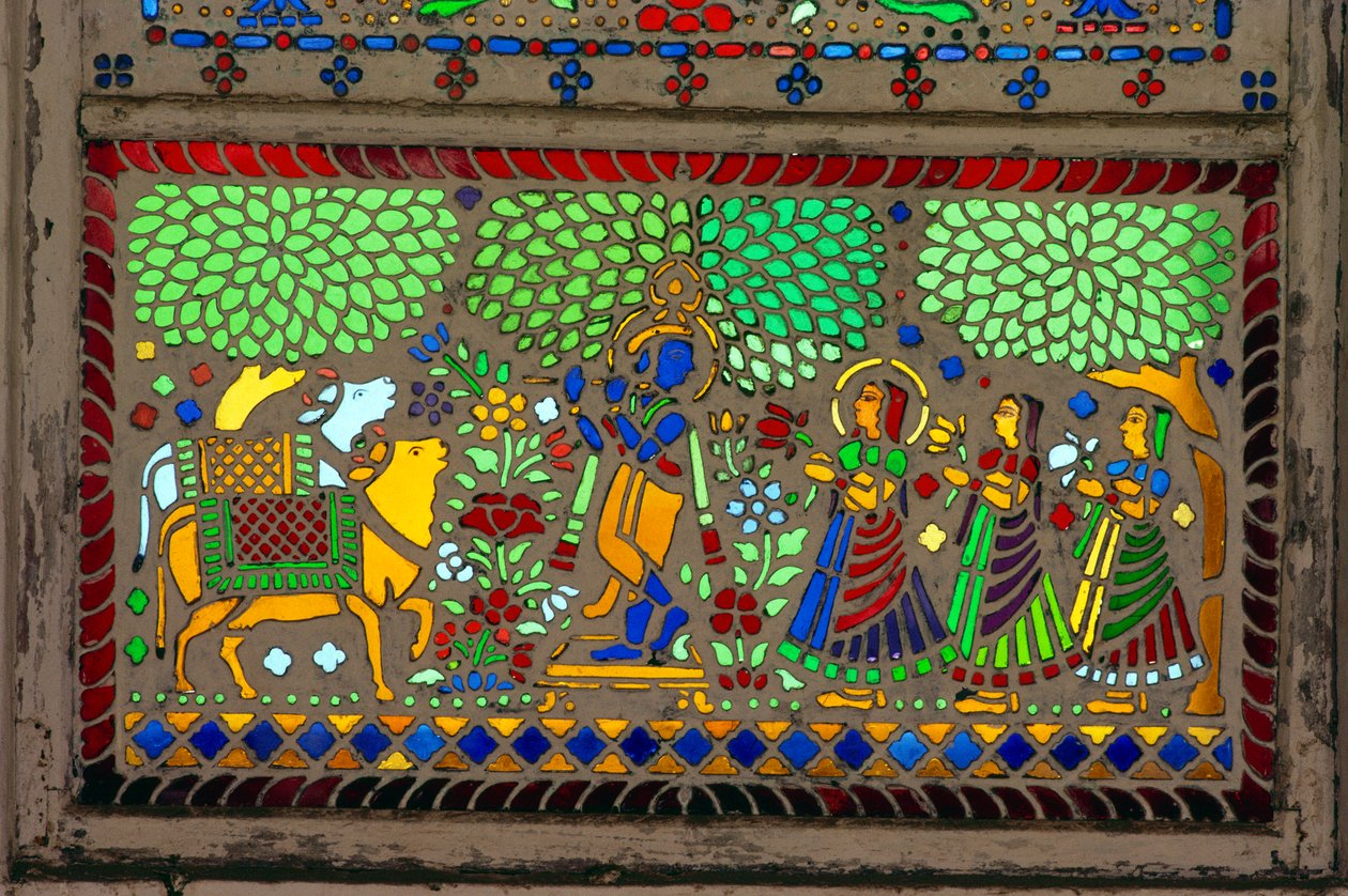 Radha Krishna mit Sakhi auf Buntglas von School Indian